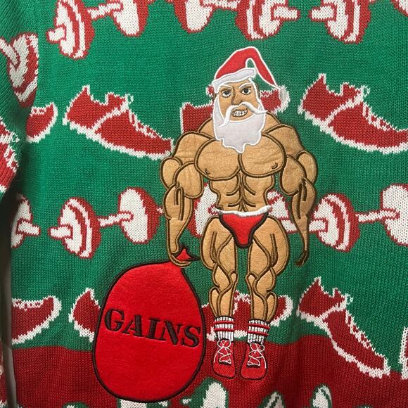 Blizzard Bay Muscle Santa "Gains" Ugly Christmas Sweater Weightlifting Gym Sz S - Picture 3 of 7